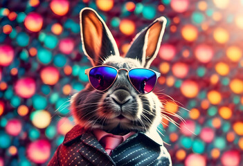 Stylish rabbit wearing sunglasses with a colorful bokeh background.