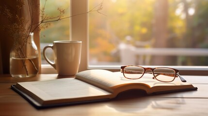 A Light colored books on a wooden table with a cup of coffee. reading glasses and a notebook and pen. Soft sunlight streams through the window. This creates a warm glow in the scene.