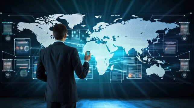 A businessman holds up a world map infographic board with communication icons, photos, on a blue background. Touch screen technology.