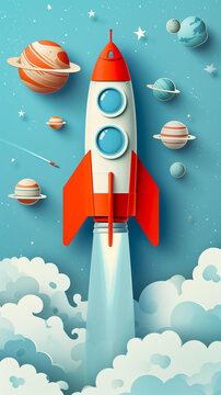 Space rocket on a blue background. Cosmonautics day concept illustration. Place for text, copy space. Vertical Banner