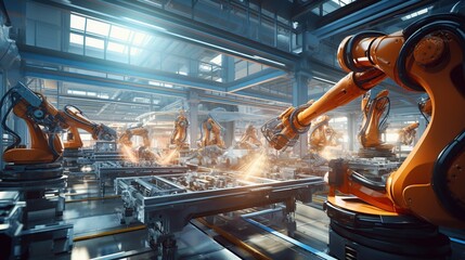 Modern industrial robotic welding work at factory. Industrial machine automatic robots arm for industrial 4.0 concept. Generative AI - obrazy, fototapety, plakaty