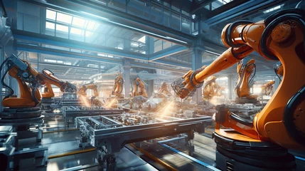 Fotobehang Modern industrial robotic welding work at factory. Industrial machine automatic robots arm for industrial 4.0 concept. Generative AI © Alpa