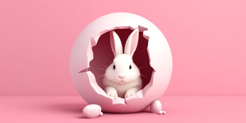 Charming Easter Delight: Playful Bunny Emerging from Cracked Eggshell on a Monochrome Pink Background, Creating a Heartwarming Scene with a Perfect Spot for Your Text