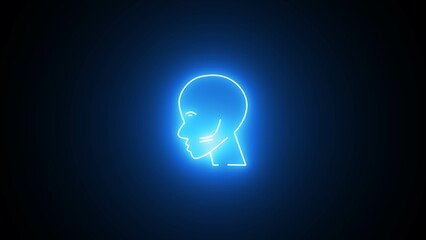 Human neon head icon. Human anatomy and science concepts. Human head symbol. Bright sky blue neon line human head with icon on black background.