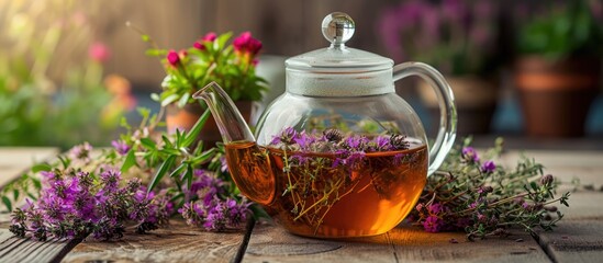 Glass tea kettle with herbal thyme tea, medicinal herbs, and healing flowers on table. Alternative health remedy. - obrazy, fototapety, plakaty