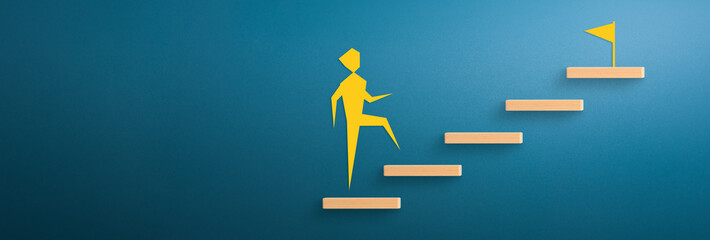 Wooden block stacking as step stair with businessman icon, Ladder of success in business growth...