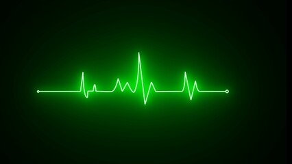 Glowing neon green Heartbeat pulse icon. Beautiful healthy cardiogram and ECG. Pulse line illustration. Ecg neon pulse monitor and black background.