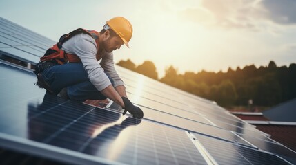 Construction industry, aerial view. An electrician in a helmet is installing a solar panel system outdoors. Engineer builds solar panel station on house roof