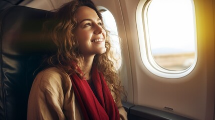 A beautiful happy smiling woman is sitting in an airplane seat near the porthole. Travel, flights...