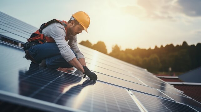 Construction industry, aerial view. An electrician in a helmet is installing a solar panel system outdoors. Engineer builds solar panel station on house roof