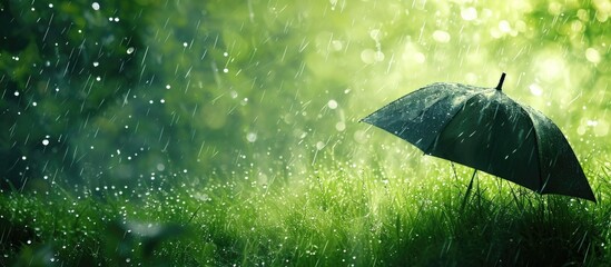 Green nature background with rain and an umbrella. - obrazy, fototapety, plakaty