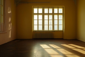 Sunlit Empty Room with Yellow Walls and Shadow Patterns