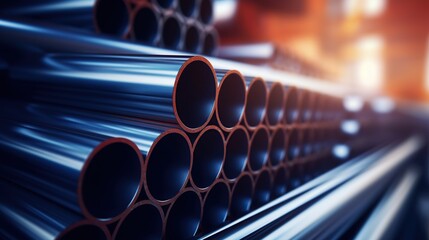 Industrial steel pipes with blurred background. Copy space for text.