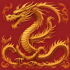 Fototapeta premium Golden dragon drawing on red background, Chinese new year, year of dragon