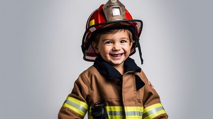 A Happy boy wearing firefighter uniform, little firefighter and fire extinguishing equipment, firefighter career adventure concept. on empty space on a white isolated transparent background. - obrazy, fototapety, plakaty