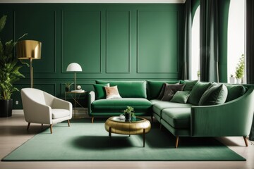 Classic interior home design of modern living room with green velvet sofa and wooden furniture of green wall