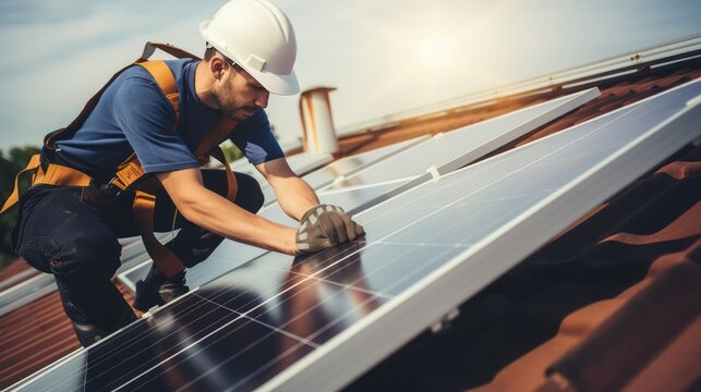 Construction industry, aerial view. An electrician in a helmet is installing a solar panel system outdoors. Engineer builds solar panel station on house roof