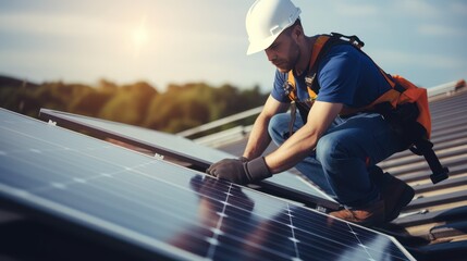 Construction industry, aerial view. An electrician in a helmet is installing a solar panel system outdoors. Engineer builds solar panel station on house roof