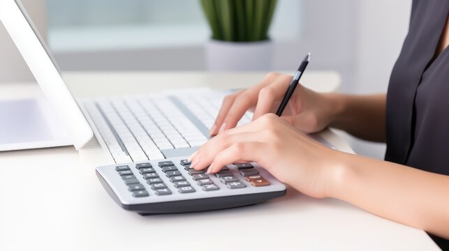 A Businesswoman's hands using a calculator, white isolated background.