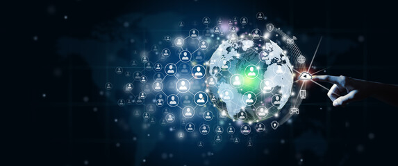 New global business connection concept. Businessman leading the global connection with connecting people orbit around the world. World map and connecting people background. World map illustration