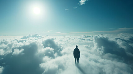 A man stands atop high-altitude clouds, bathed in the full warmth of the sun, symbolizing a spiritual journey.