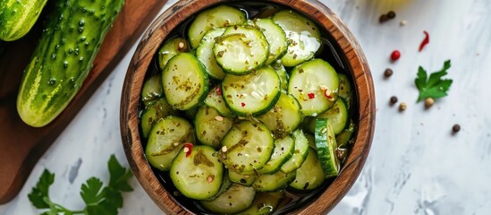 Top view of marinated pickled cucumbers in a wooden bowl.