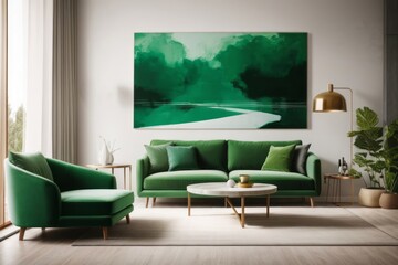 Interior home design of modern living room with green velvet sofa and abstract nature poster with ornamental plants