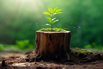 Symbolic image: new growth emerges around old tree stump, representing sustainability and hope for the future. Generative AI