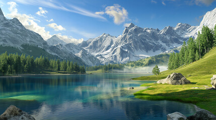 Fototapeta premium Serene Alpine Lake Panorama: Tranquil Waters with Reflective Mountain Scenery, Lush Green Forest, Fresh Morning Light - High Definition Nature Landscape Wallpaper for Calm and Peaceful Settin