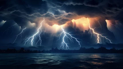 Fotobehang Strong lighting storm. Beautiful lighting strikes in the dark sky. A powerful cyclone with lightning and thunder passes over the city. Perfect blue lightning. © Valua Vitaly