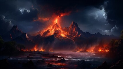Fictional doomsday landscape. Hell upon earth. Apocalypse concept. Lava pools after volcano eruption. Fantasy demon landscape. Villans liar.