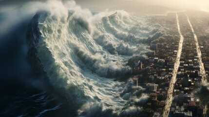 Mega tsunami wave hits the coastal city. Strong tall tsunami waves destroying the city. Apocalypse wave taking down a town. Super tall tsunami wave demolishes houses. - obrazy, fototapety, plakaty