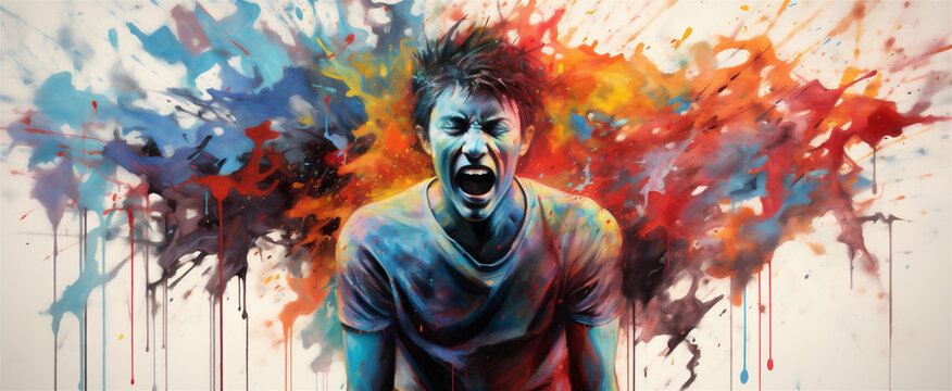 Vibrant Rainbow Colored Watercolor Painting, Man With negative Emotions, chaotic paint splatter around man representing bad thoughts, Generative AI