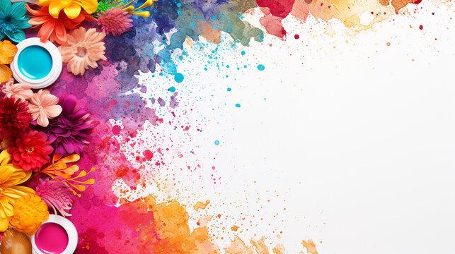 colorful frame with various makeup products on white background