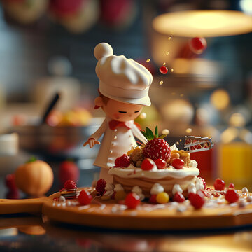 miniature of  Chef decorating cake with fresh berries and fruits on wooden table