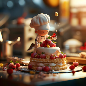 miniature of  Chef decorating cake with fresh berries and fruits on wooden table