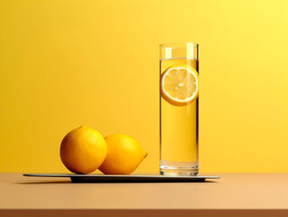 Glass of lemonade with lemons on the table on yellow background.