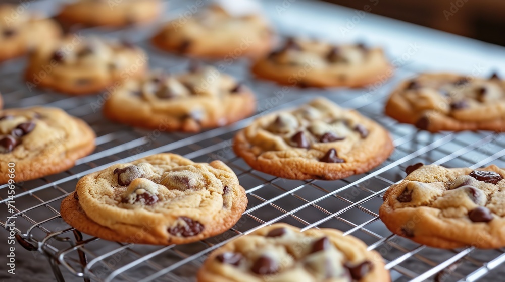 Poster a bunch of chocolate chip cookies cooling on a wire rack on a table with a cup of coffee in the midd