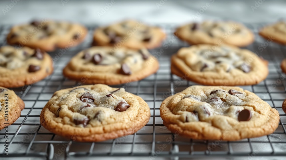 Poster a bunch of chocolate chip cookies cooling on a wire rack on a metal rack with a cooling rack in the 