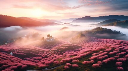 Stunning Booming cherry blossom over the hills and green tea plantations at hazy light morning, landscape with copy space - obrazy, fototapety, plakaty