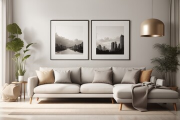 Japandi interior home design of modern living room with gray armchair and beige sofa with poster frames on the wall