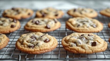  a bunch of chocolate chip cookies cooling on a wire rack on a metal rack with a cooling rack in the foreground and a row of cookies in the background.