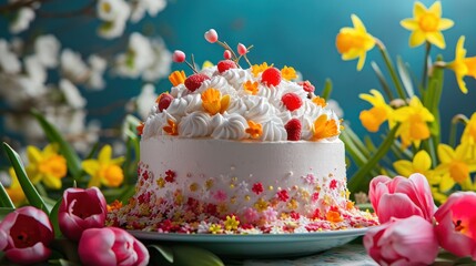  a white cake sitting on top of a table covered in frosting and sprinkles next to a bunch of yellow and pink tulips and yellow flowers.