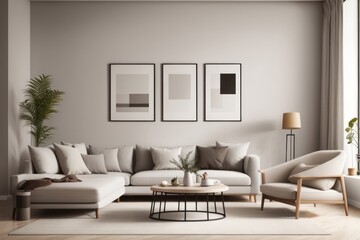 Japandi interior home design of modern living room with gray armchair and beige sofa with poster frames on the wall
