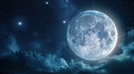 Fototapeta na wymiar a full moon in the sky with clouds and stars in the night sky with clouds and stars in the night sky with a full moon in the middle of the night sky.