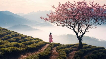 One woman standing under booming cherry blossom over the hill and green tea plantation at hazy light morning