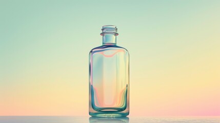  a glass bottle sitting on top of a table next to a blue and yellow background with a pink and blue sky in the background and a pink and blue sky.