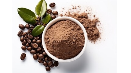 Concept of coffee powder beauty cosmetic, coffee for the skin. Composition of coffee powder and coffee beans on white background.  New trend, sustainable cosmetic skincare with caffeine