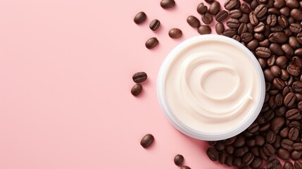Coffe beauty product, jar of coffee face and body skincare cream or mask mask on beige background.  Copy space. Skin care trend. Organic eco-friendly cosmetic product in caffeine