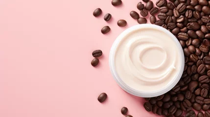 Foto op Plexiglas Coffe beauty product, jar of coffee face and body skincare cream or mask mask on beige background.  Copy space. Skin care trend. Organic eco-friendly cosmetic product in caffeine © Rodica
